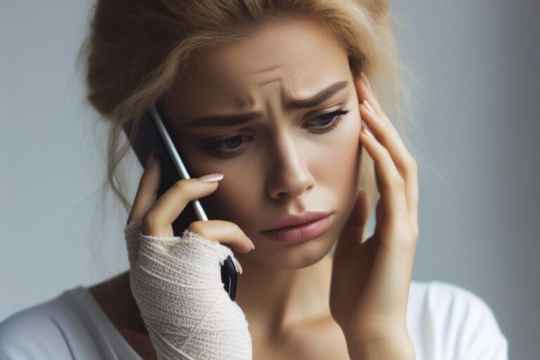 Kobieta rozmawia przez telefon, ma zabandażowaną rękę